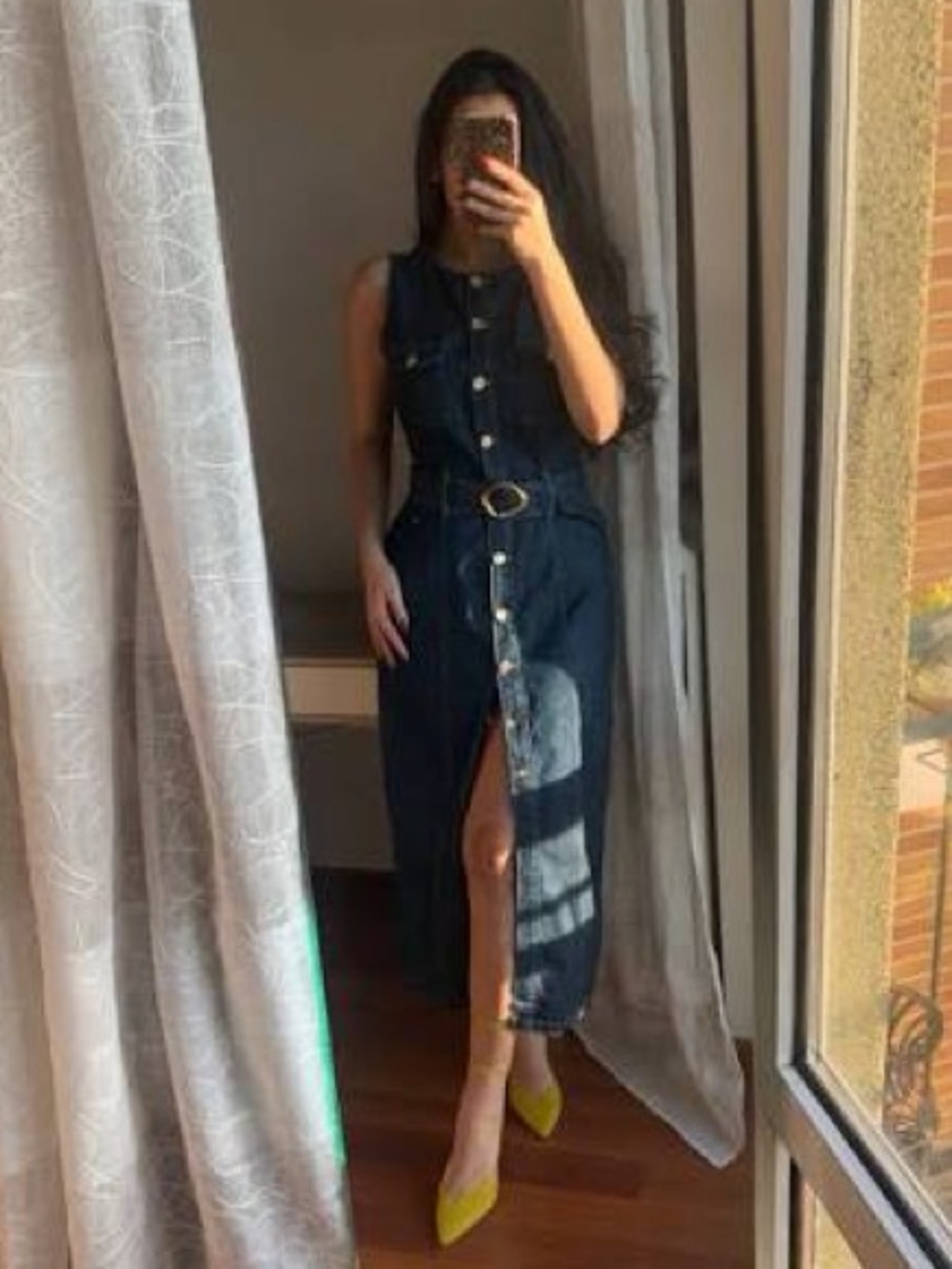 NWT Zara Z1975 Belted Dark Denim Midi Dress w Gold Button Western Utility Sz M - Picture 10 of 10